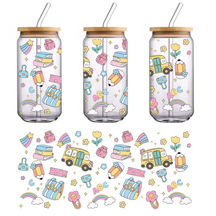 A vibrant and playful school-themed pattern featuring buses, books, pencils, flowers, and rainbows in cheerful pastel colors.UV Transfersdtf regular iron