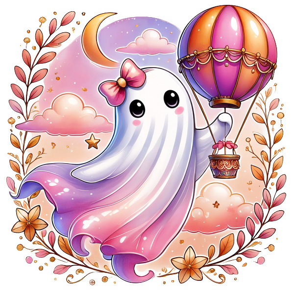 Un personaje fantasma caprichoso con un arco, sosteniendo alegremente un globo aerostático en medio de un cielo pastel de ensueño y flores.