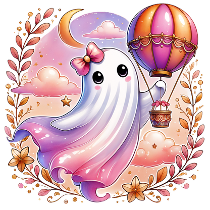 Un personaje fantasma caprichoso con un arco, sosteniendo alegremente un globo aerostático en medio de un cielo pastel de ensueño y flores.