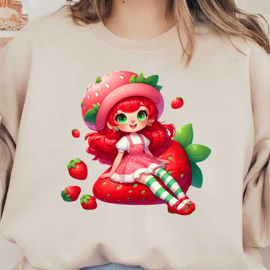 This whimsical illustration features a character with vibrant red hair, wearing a strawberry-themed outfit and sitting on a giant strawberry.DTF Transfers