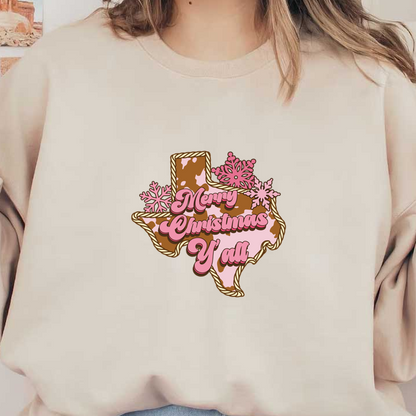 Celebrate the holidays with this festive Texas-themed design featuring "Merry Christmas Y'all" in playful pink lettering and snowflakes. dtf prints