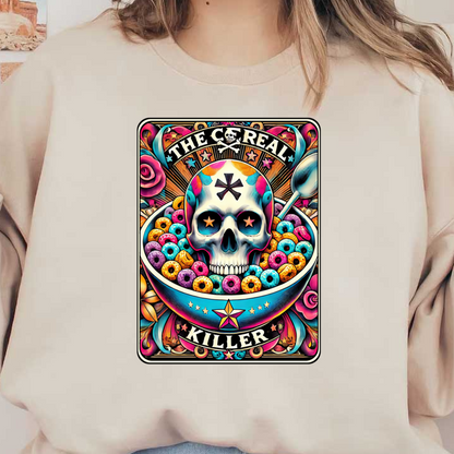 Este gráfico vibrante presenta un tazón de cereal colorido con un llamativo diseño de calavera, titulado "El asesino del cereal".