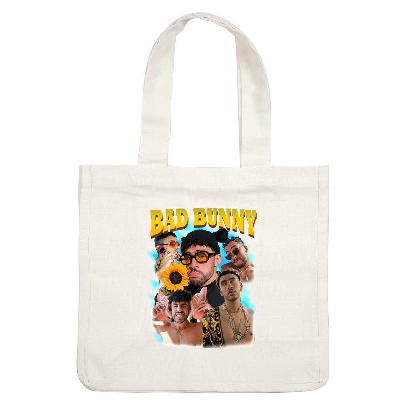 A vibrant collage of Bad Bunny showcasing various expressions and styles, featuring trendy accessories, including sunglasses and jewelry.DTF Transfers heat press transfers