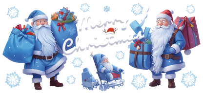 Cheerful Christmas scene featuring Santa Claus in blue attire, surrounded by gifts and a small Santa in a sleigh.UV Transfersdtf regular iron