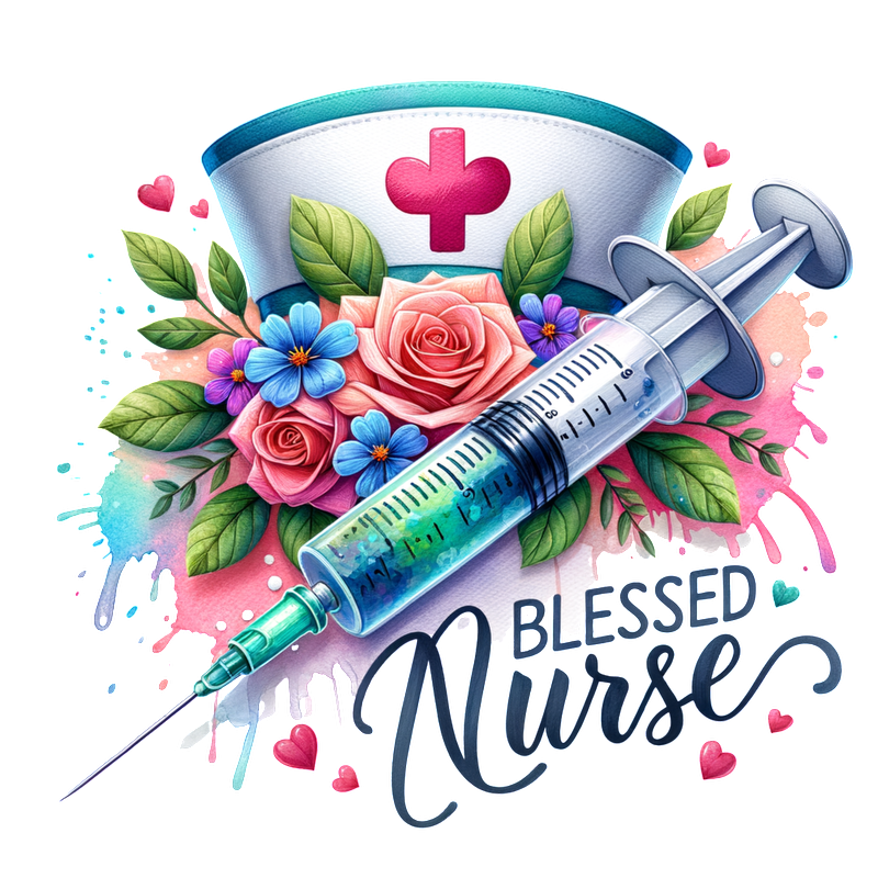 A vibrant illustration featuring a syringe surrounded by colorful flowers, with the phrase "Blessed Nurse" elegantly displayed.DTF Transfers