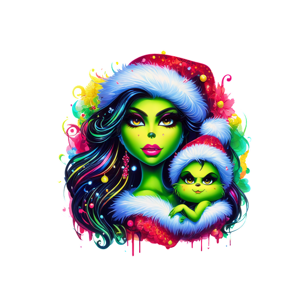 A vibrant holiday-themed illustration featuring a green-skinned woman and a cute green child, both adorned in festive winter hats.DTF Transfersdtf regular iron