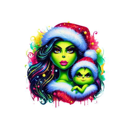 A vibrant holiday-themed illustration featuring a green-skinned woman and a cute green child, both adorned in festive winter hats.DTF Transfersdtf regular iron