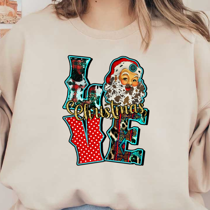 Festive design featuring a cheerful Santa and colorful letters spelling "Love Christmas," blending different textures and patterns. dtf prints