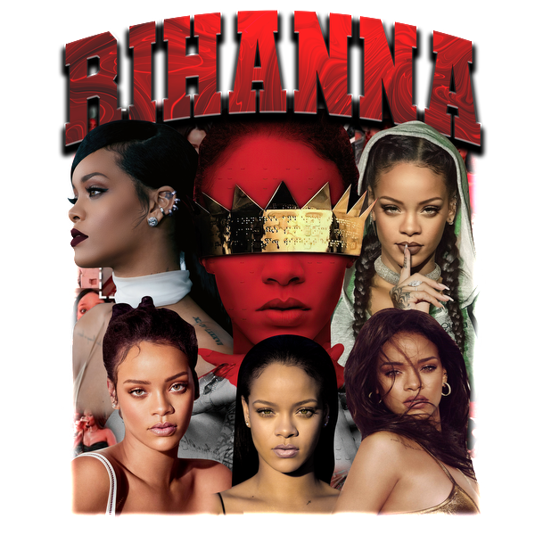 A vibrant collage of Rihanna showcasing her diverse looks and styles, highlighted by bold red text spelling her name.DTF Transfers dtf prints