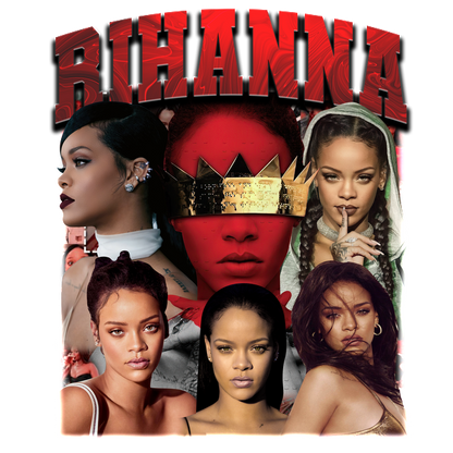 A vibrant collage of Rihanna showcasing her diverse looks and styles, highlighted by bold red text spelling her name.DTF Transfers dtf prints