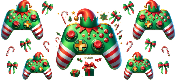 Festive holiday-themed gaming controllers in green and red, featuring candy cane stripes and playful elf hats for a cheerful vibe.UV Transfers dtf transfers