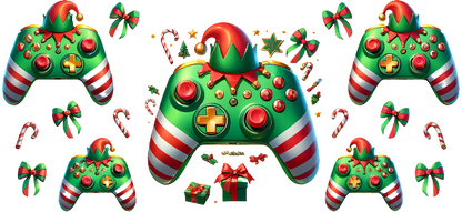Festive holiday-themed gaming controllers in green and red, featuring candy cane stripes and playful elf hats for a cheerful vibe.UV Transfers dtf transfers