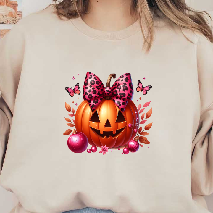 A cheerful Halloween pumpkin featuring a stylish leopard print bow, surrounded by colorful ornaments and butterflies. heat press transfers