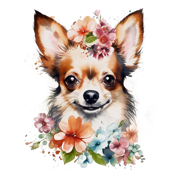 Una encantadora ilustración de acuarela de un chihuahua rodeado de flores vibrantes, que captura su espíritu juguetón y sus adorables características.