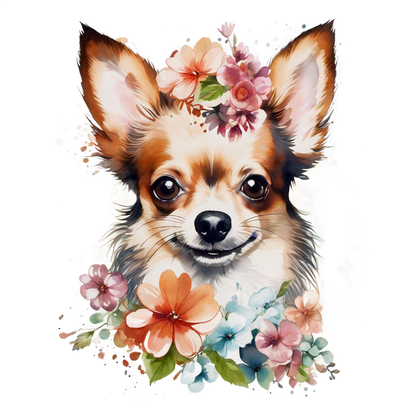 Una encantadora ilustración de acuarela de un chihuahua rodeado de flores vibrantes, que captura su espíritu juguetón y sus adorables características.