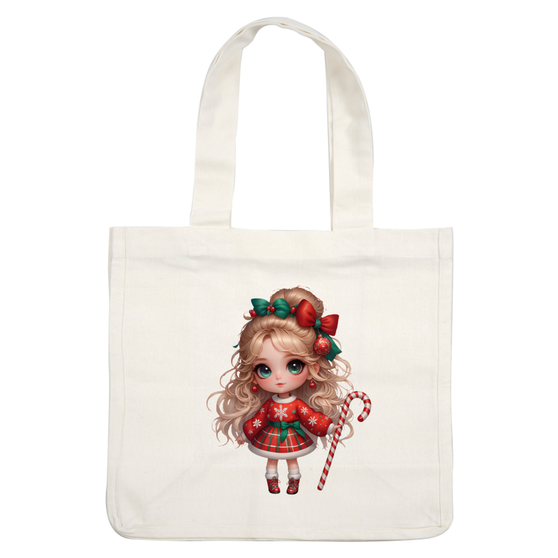 A charming Christmas doll with curly blond hair, festive attire, and a candy cane, radiating holiday cheer and joy.DTF Transfers dtf prints