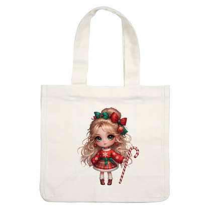 A charming Christmas doll with curly blond hair, festive attire, and a candy cane, radiating holiday cheer and joy.DTF Transfers dtf prints