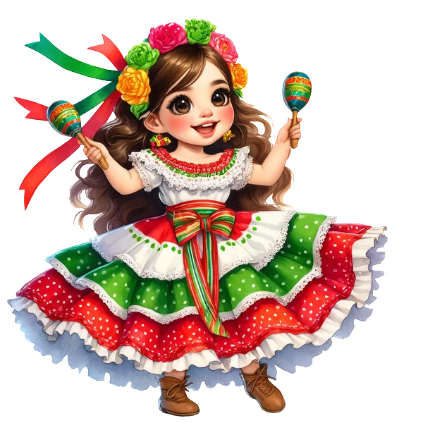 A cheerful girl in a vibrant Mexican dress holds maracas, adorned with a colorful flower crown and festive ribbons.dtf regular iron