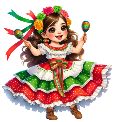 A cheerful girl in a vibrant Mexican dress holds maracas, adorned with a colorful flower crown and festive ribbons.dtf regular iron