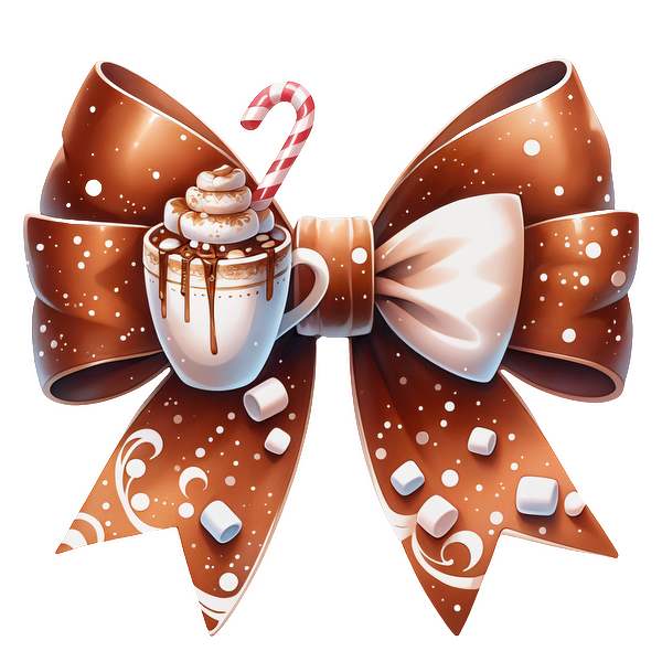 A whimsical chocolate ribbon bow featuring a cup of hot cocoa topped with whipped cream and a candy cane. dtf prints