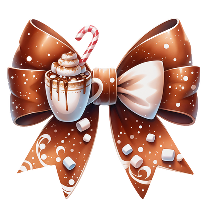 A whimsical chocolate ribbon bow featuring a cup of hot cocoa topped with whipped cream and a candy cane. dtf prints