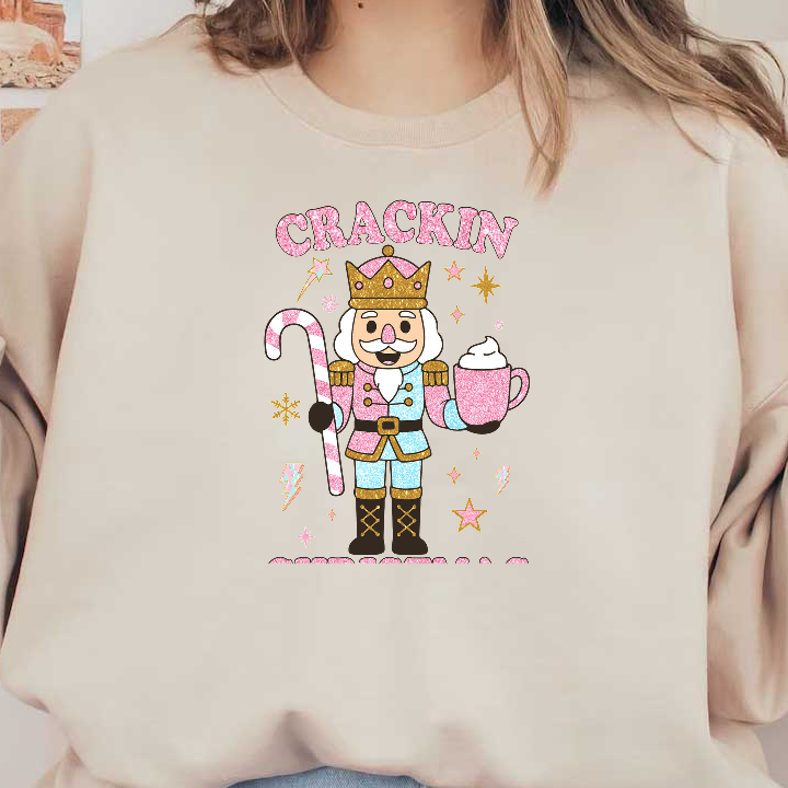 Sparkling nutcracker character holding a candy cane and mug, festive and fun!DTF Transfers