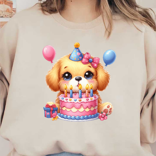 A cheerful cartoon puppy celebrates a birthday with a colorful cake, lit candles, and festive balloons, exuding playful joy.DTF Transfers