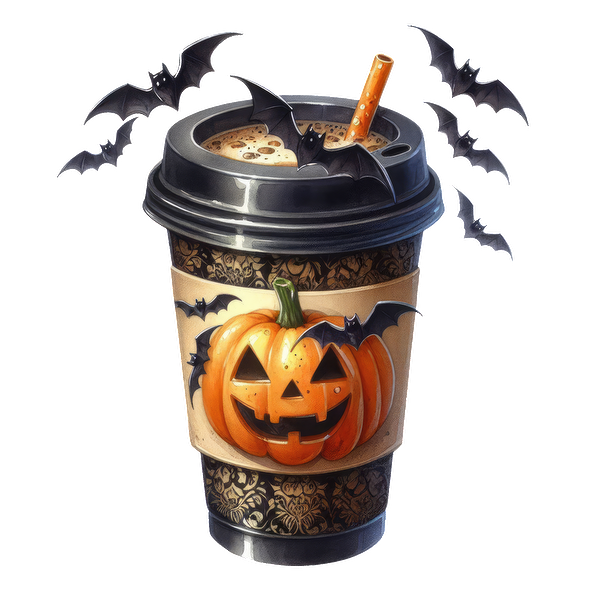 Una divertida taza de café con temática de Halloween que presenta un diseño de calabaza tallada y está rodeada de lindos murciélagos voladores.