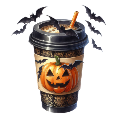 Una divertida taza de café con temática de Halloween que presenta un diseño de calabaza tallada y está rodeada de lindos murciélagos voladores.