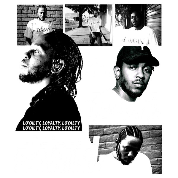 A dynamic collage featuring various images of a rapper, highlighted by the bold text "DAMN!" and themes of loyalty.DTF Transfers heat press transfers