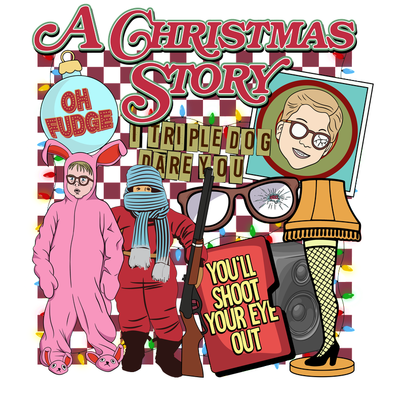 A colorful, whimsical graphic inspired by "A Christmas Story," featuring iconic quotes and characters in festive attire.DTF Transfers dtf transfersdtf regular iron