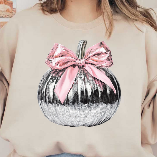 This stylish pumpkin features a shiny silver exterior adorned with a pink bow, perfect for a chic autumn decor.