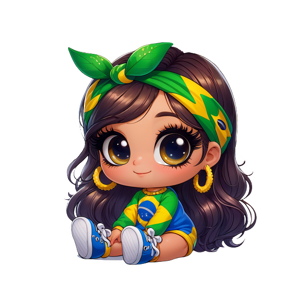 A cute character with big eyes, wearing a vibrant green and yellow outfit inspired by Brazil, complete with a matching headband.DTF Transfers dtf prints