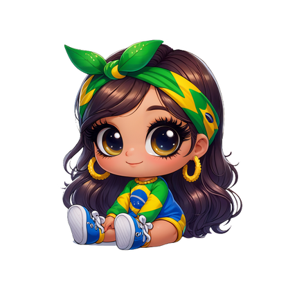 A cute character with big eyes, wearing a vibrant green and yellow outfit inspired by Brazil, complete with a matching headband.DTF Transfers dtf prints