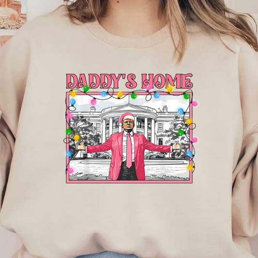 A festive illustration features a figure in a pink suit and Santa hat, joyfully welcoming everyone in front of a grand building.DTF Transfers dtf prints