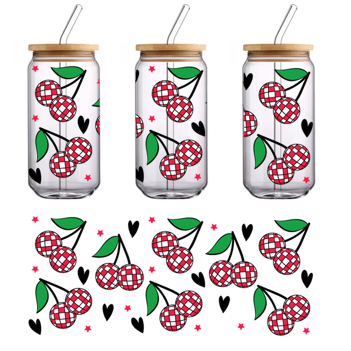 A playful pattern featuring red and white checkered berries surrounded by green leaves.UV Transfers