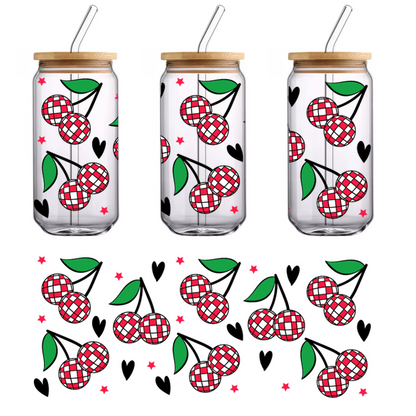 A playful pattern featuring red and white checkered berries surrounded by green leaves.UV Transfers