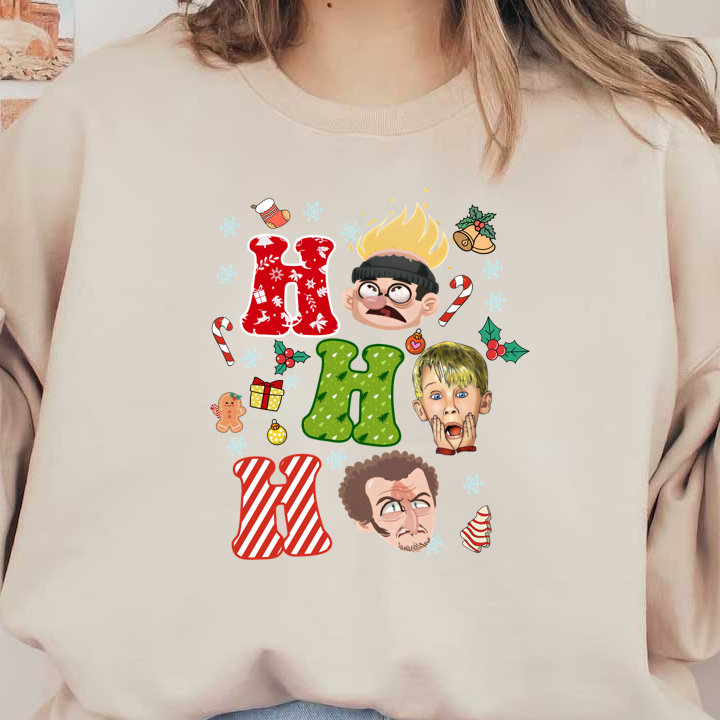 Festive design featuring colorful "H" letters, holiday icons, and cheerful characters, perfect for celebrating the holiday spirit!DTF Transfersdtf regular irondtf regular iron