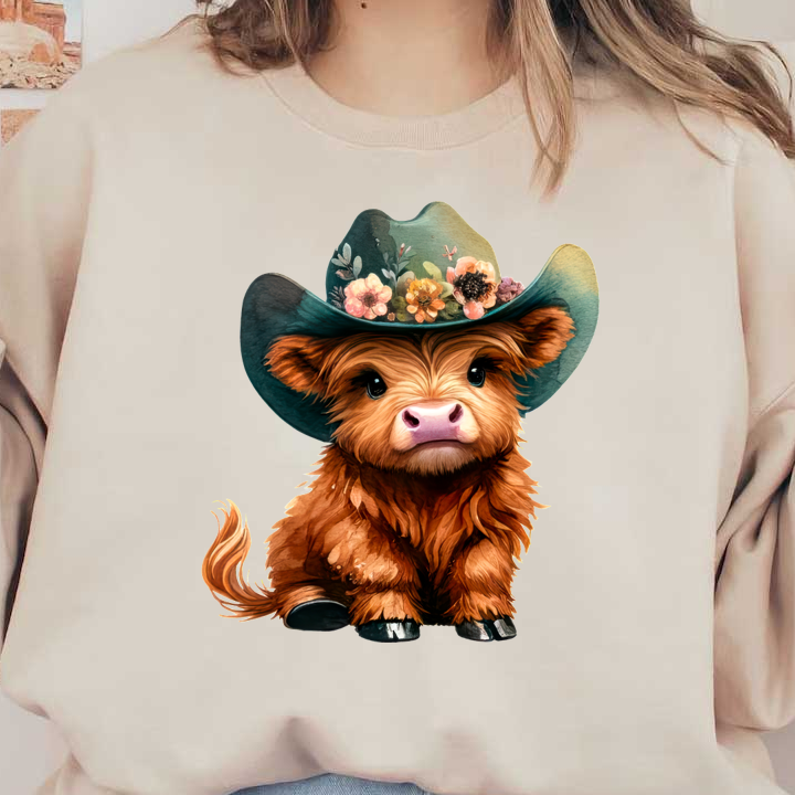 Este adorable y esponjoso ternero de las Tierras Altas lleva un sombrero de vaquero floral, lo que añade un toque encantador a su comportamiento juguetón.