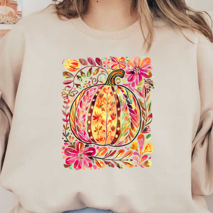 A vibrant watercolor illustration of a pumpkin surrounded by colorful flowers and foliage.DTF Transfers