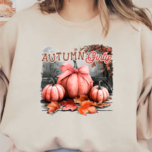 Charming autumn-themed illustration featuring pink pumpkins adorned with a bow, surrounded by colorful autumn leaves. heat press transfers