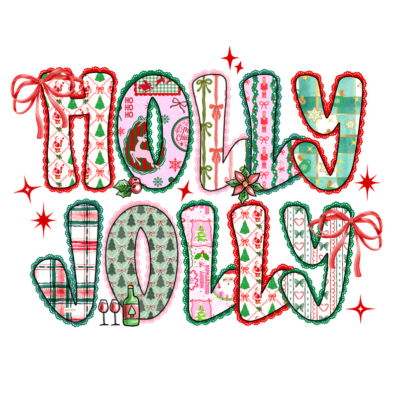 Vibrant holiday-themed text spells “Molly Jolly” with festive patterns and colors.DTF Transfers