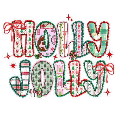 Vibrant holiday-themed text spells “Molly Jolly” with festive patterns and colors.DTF Transfers