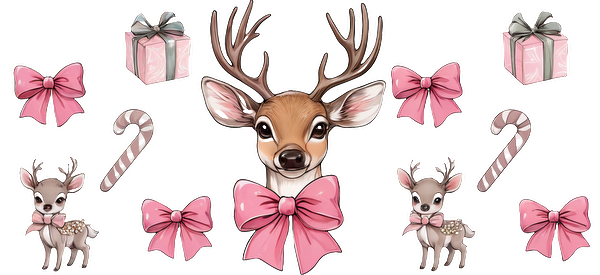 A charming illustration featuring festive deer, pink bows, candy canes, and wrapped gifts, perfect for holiday cheer.UV Transfersdtf regular iron