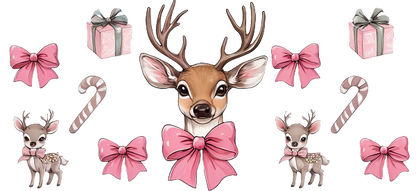 A charming illustration featuring festive deer, pink bows, candy canes, and wrapped gifts, perfect for holiday cheer.UV Transfersdtf regular iron