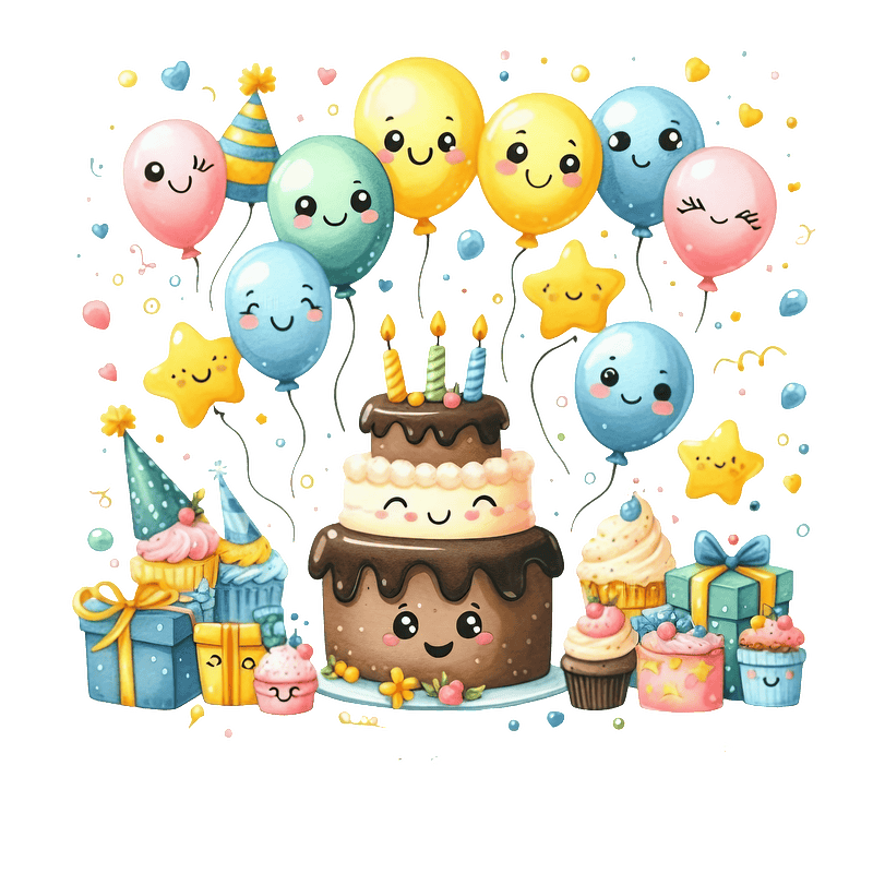 A cheerful birthday scene featuring a double-layered cake with cute faces, colorful balloons, and playful treats surrounded by festive decorations.DTF Transfers