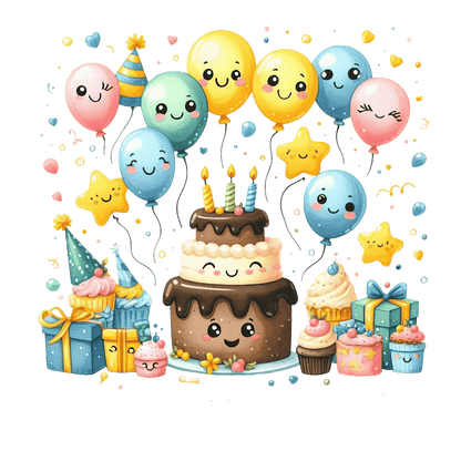 A cheerful birthday scene featuring a double-layered cake with cute faces, colorful balloons, and playful treats surrounded by festive decorations.DTF Transfers