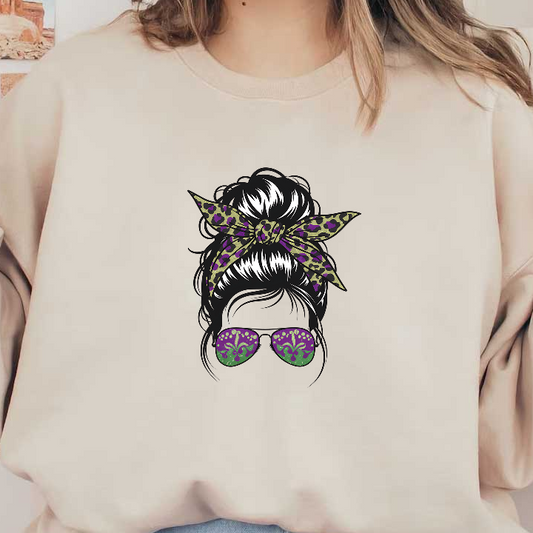 A stylish illustration featuring a chic bun hairstyle adorned with a leopard print scarf and vibrant sunglasses with a floral design.DTF Transfers