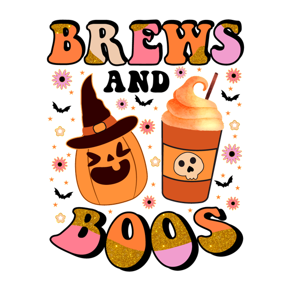 Celebrate Halloween with this playful design featuring a cheerful pumpkin and a spooky drink, captioned "Brews & Boos!" heat press transfers