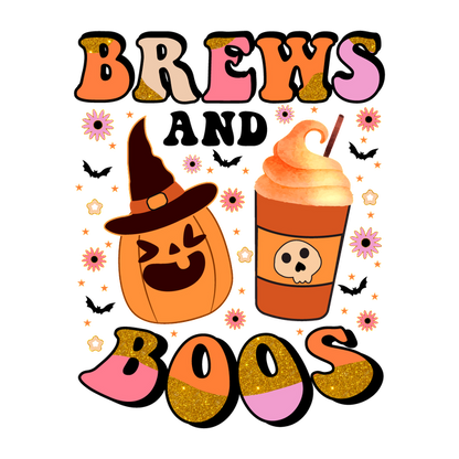 Celebrate Halloween with this playful design featuring a cheerful pumpkin and a spooky drink, captioned "Brews & Boos!" heat press transfers